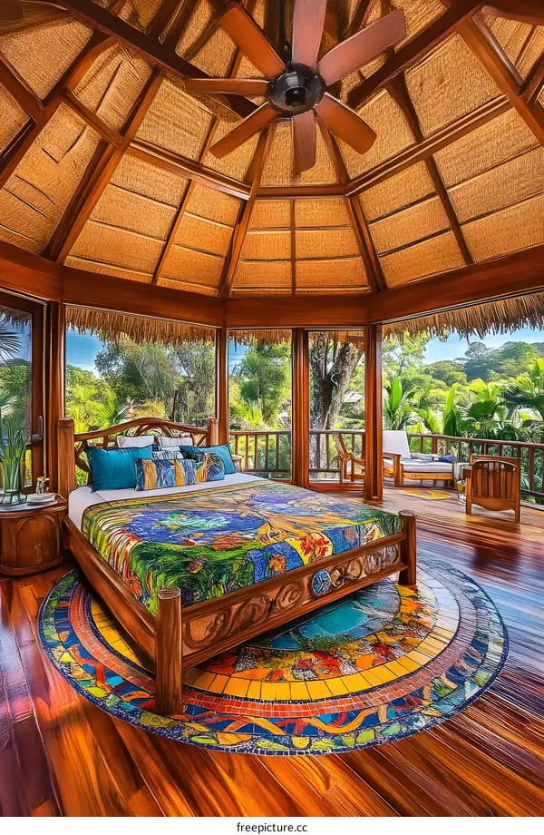 Tropical  Gazebo Bedroom  with  Wooden  Ceiling and  Mosaic Floor