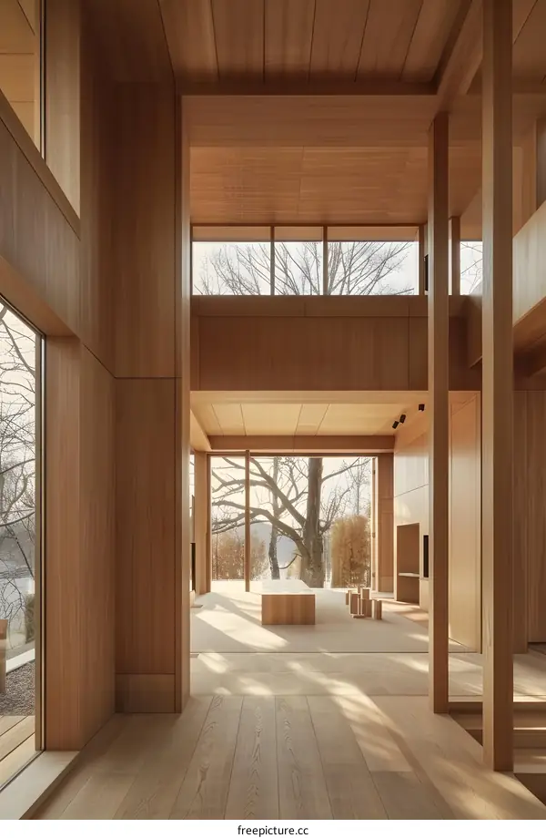 Modern Wooden House Interior With Large Windows