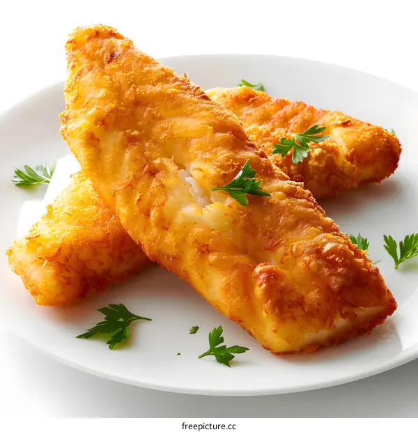 Fried fish fillet with parsley on white plate