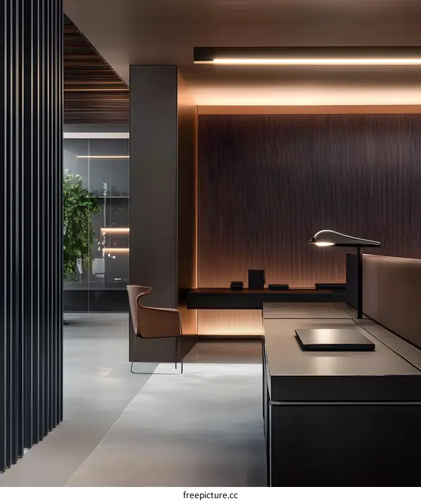 Modern Office Interior Design with Brown Walls and a Leather Chair