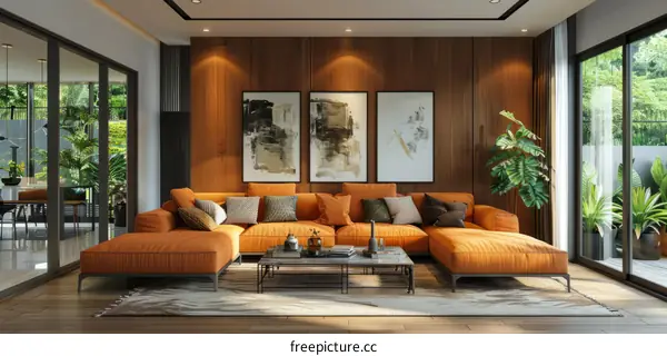 Modern and minimalist living room interior design with large windows and wooden wall