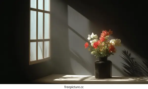 Sunlight Illuminating Flowers in a Vase by the Window