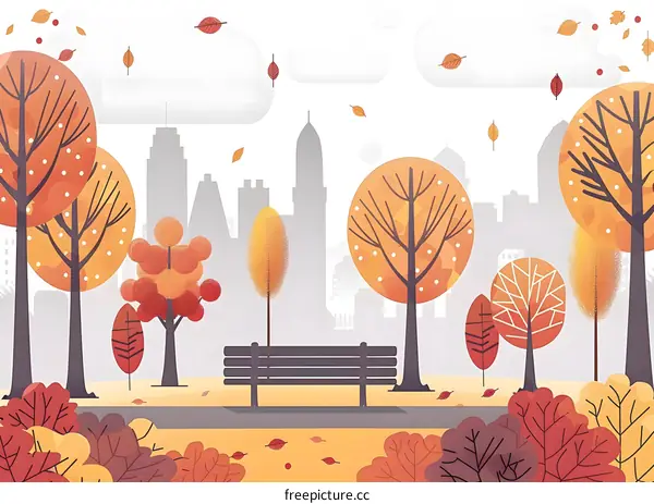Autumn Park Bench With Falling Leaves and Cityscape Background