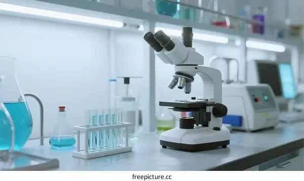 Laboratory Equipment Microscope and Test Tubes in Science Lab