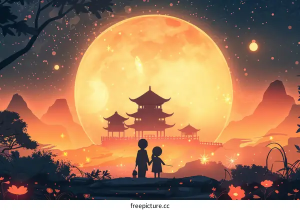 Two children holding hands looking at a full moon in the night sky