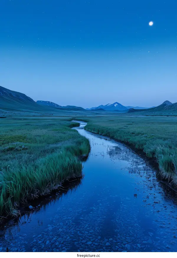 River Flowing Through a Grassy Field Under the Moonlight