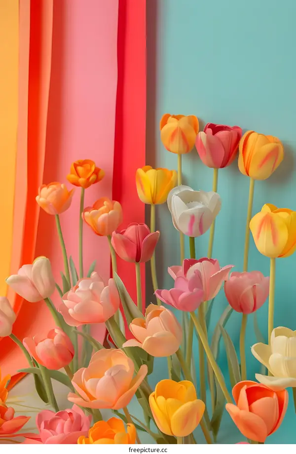 Colorful Tulips Bouquet on a Colorful Background