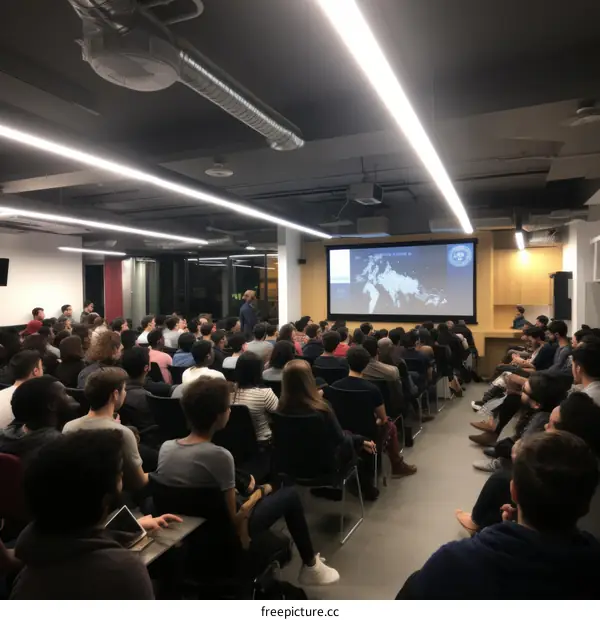 A group of people are sitting in a room listening to a presentation.