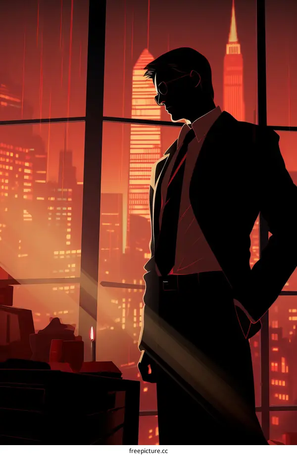 A man in a suit looking out the window at a city at night