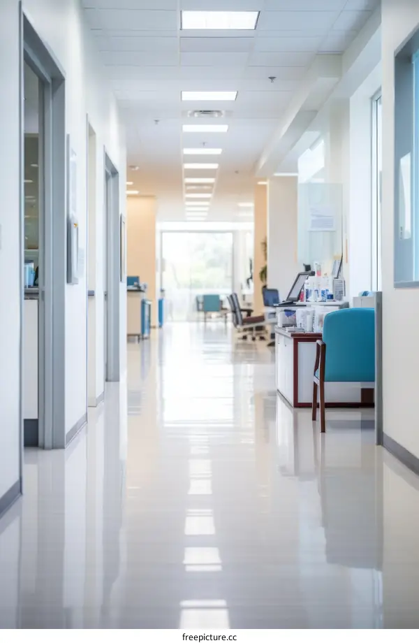 Empty hospital hallway with shiny floor