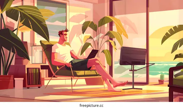 Man Relaxing in a Chair by the Window with a Laptop