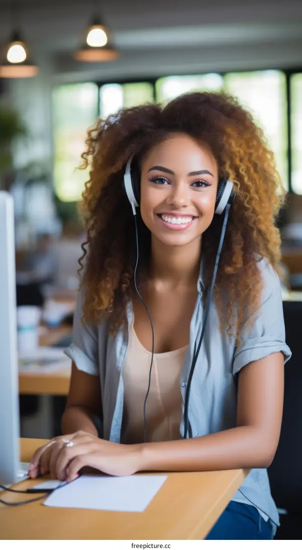 Smiling woman wearing headphones while sitting at her desk in an office