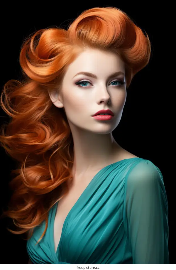 Portrait of a beautiful woman with long red hair wearing a green dress