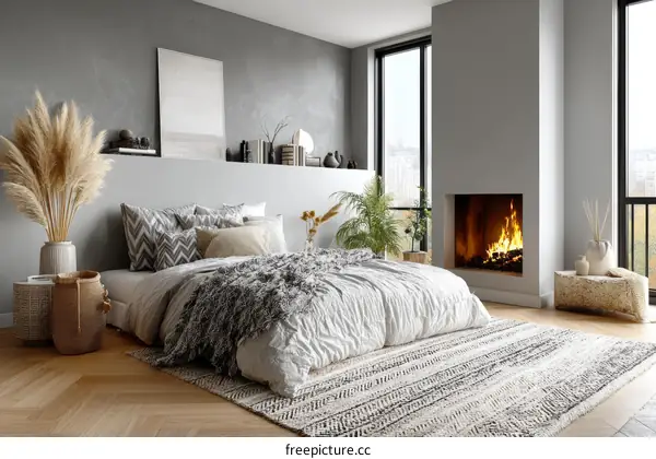 Modern Cozy Bedroom with Fireplace