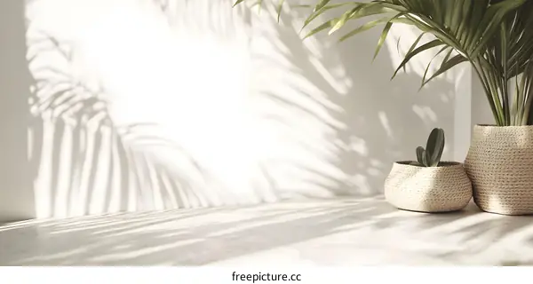 White Wall With Palm Tree Shadow and Two Woven Baskets