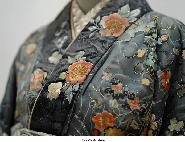 A kimono with delicate embroidery of flowers and butterflies