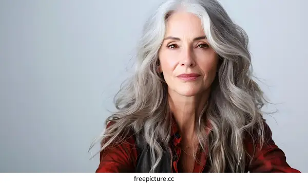 portrait of a beautiful mature woman with long white hair