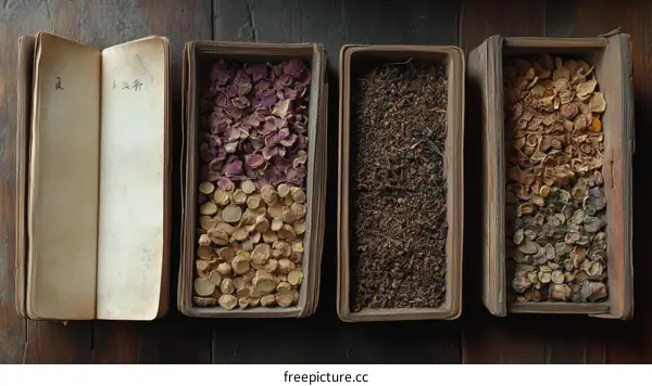 Dried Herbs in Wooden Boxes with Ancient Book