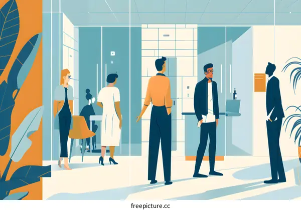 Four People Talking and Walking in Modern Office Building Illustration