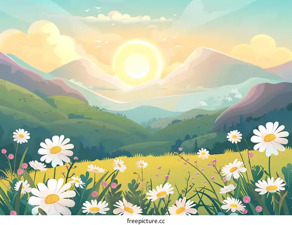 Beautiful Landscape Illustration with Mountains and Daisies