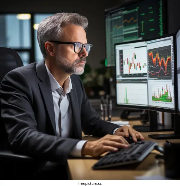 Male Stock Trader Analyzes Financial Data on Multiple Monitors