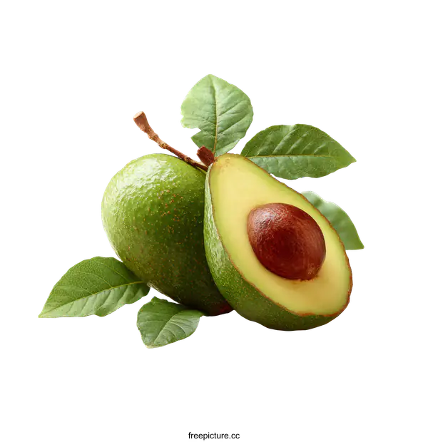 [Transparent Background PNG]Fresh Avocado with Leaves Studio Shot