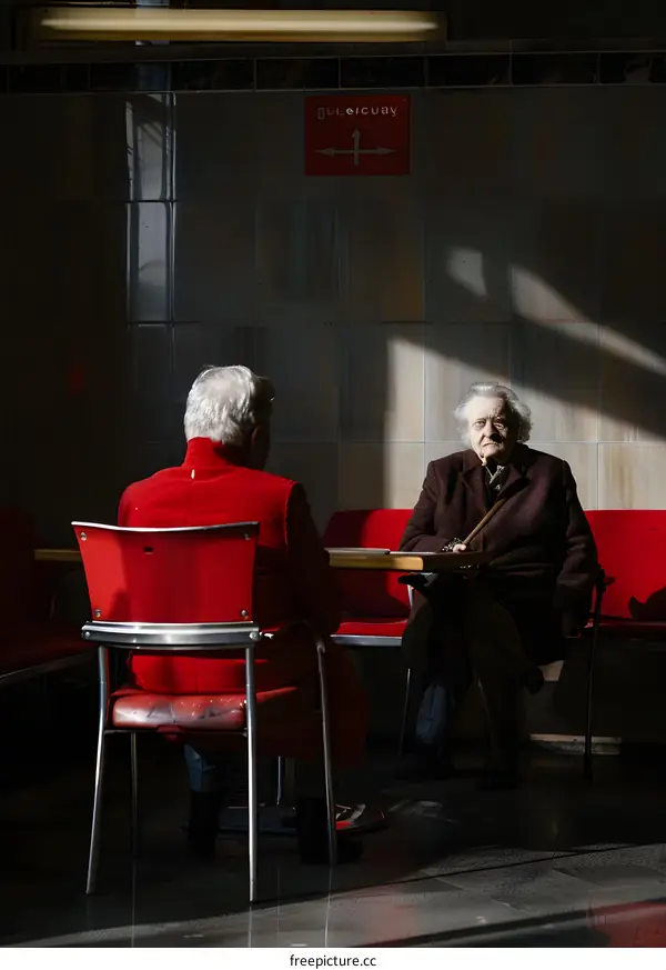 Two Elderly People Sitting in Red Chairs at a Cafe