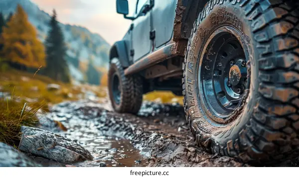 Muddy off-road 4x4 vehicle on a mountain trail