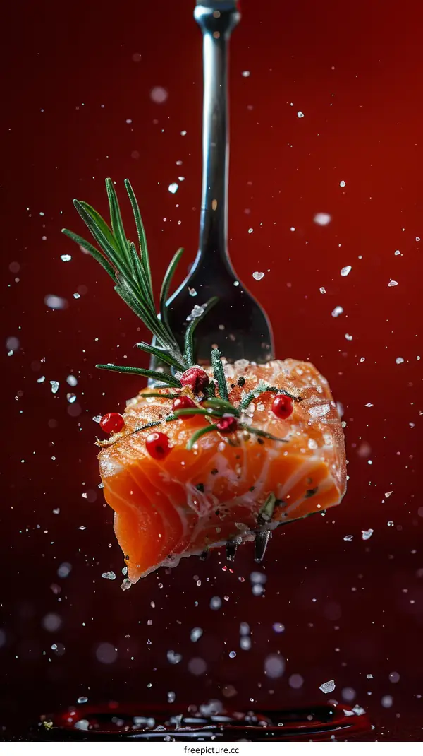 A forkful of salmon with rosemary and pink peppercorns