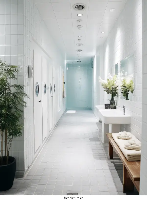 Modern Minimalist Spa Corridor with White Tiles