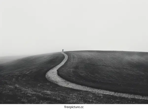 A solitary person walking on a winding path in a foggy landscape