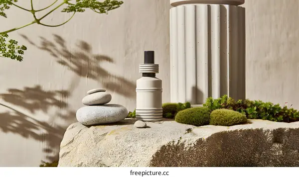 Beige Bottle with Stone and Green Plants on Rock