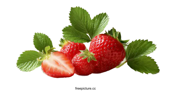 [Transparent Background PNG]Fresh Strawberries with Green Leaves on White Background