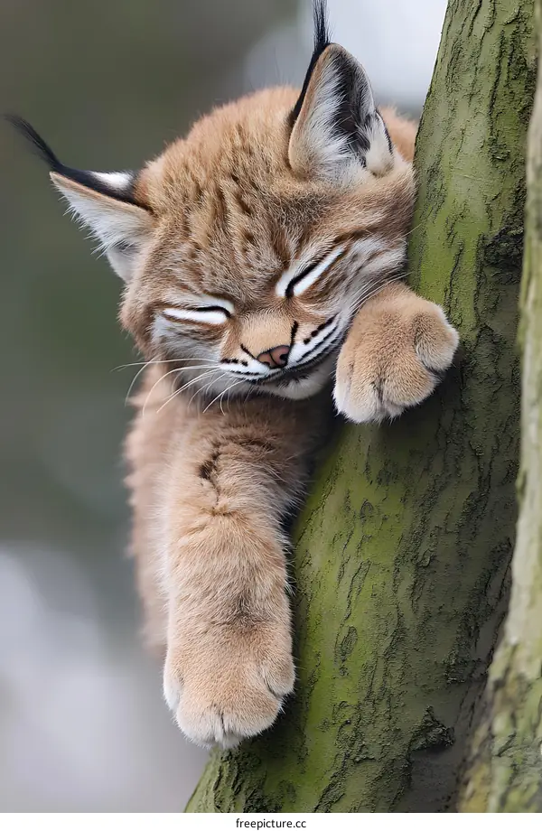 Cute Sleeping Kitten On Tree Trunk
