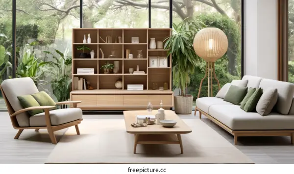 A living room with a large wooden bookshelf, a sofa, and a chair