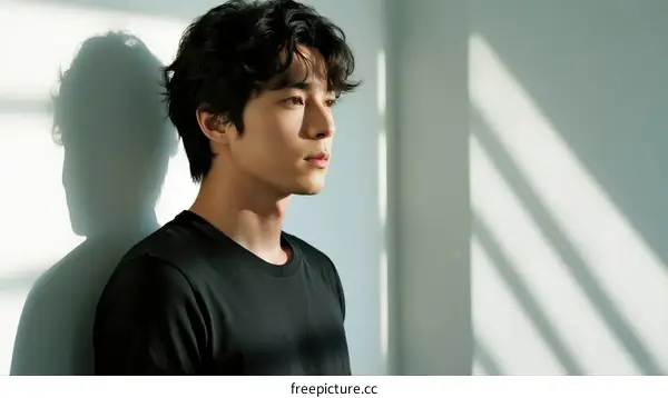 Young man with curly black hair standing near white wall