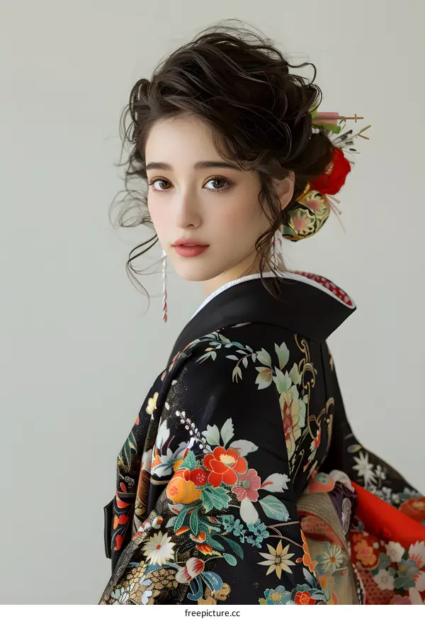 Portrait of a young woman wearing a kimono