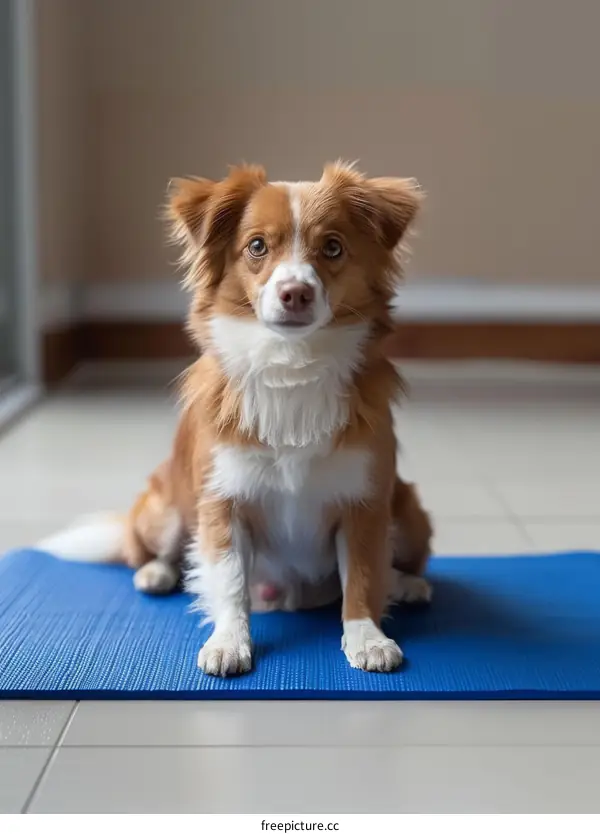 small brown and white dog sitting on a blue yoga mat