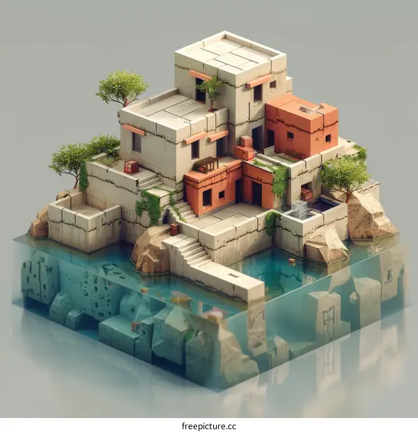 A 3D illustration of a house built on top of a rock in the middle of the ocean