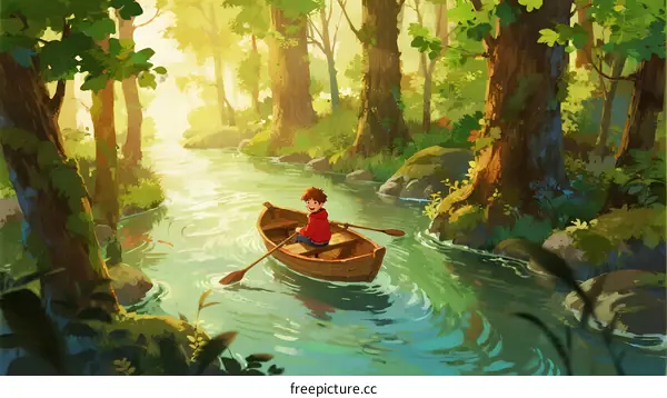 A Boy in a Wooden Canoe Paddling Through a Sunlit Forest Stream