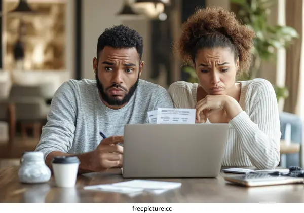 Stressed Couple Reviewing Bills at Home