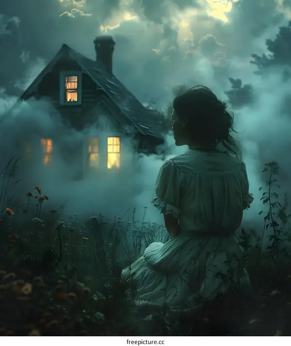 Woman in White Dress Sitting in Field at Dusk with Foggy House in the Background