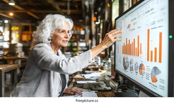 Senior Woman Analyzing Business Data on Computer Screen