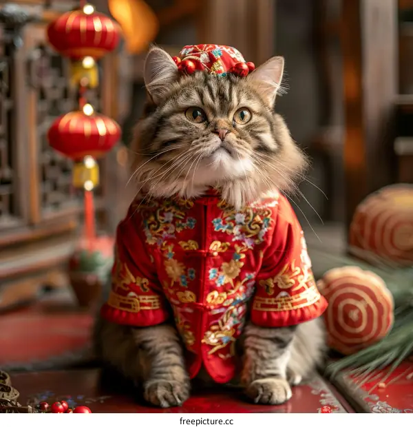 A cute cat wearing a traditional Chinese outfit is sitting on a table.