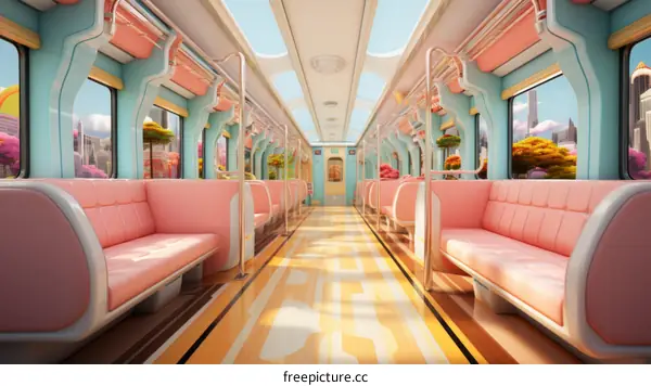 A pink and blue pastel-colored train carriage with large windows