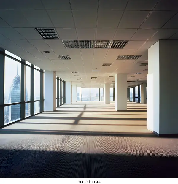 Empty Office Space With Large Windows and City Views