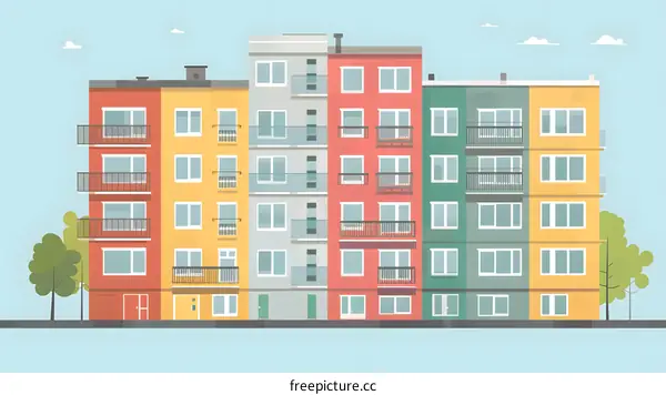 Colorful Apartment Buildings Illustration with Balconies