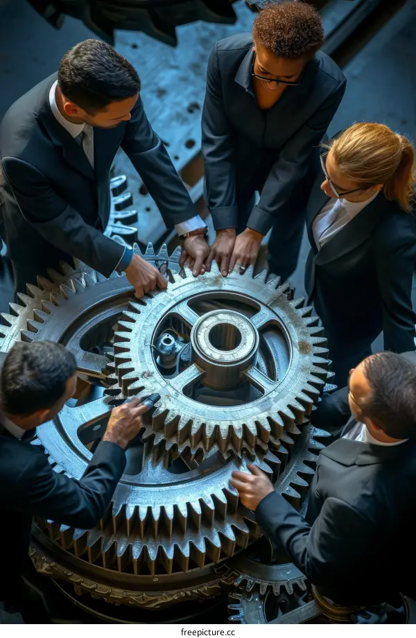 Multiethnic business team working together to assemble a machine