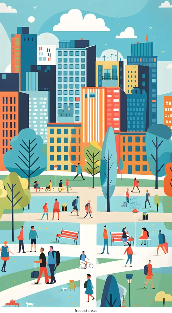 City Park with People Walking and Relaxing