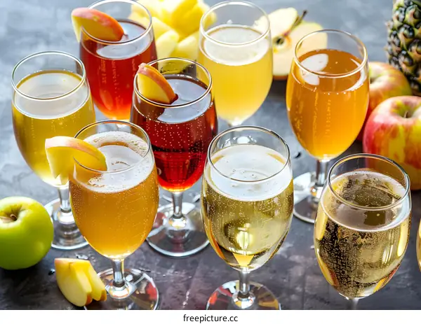 Variety of Apple Cider in Glasses with Apple Slices
